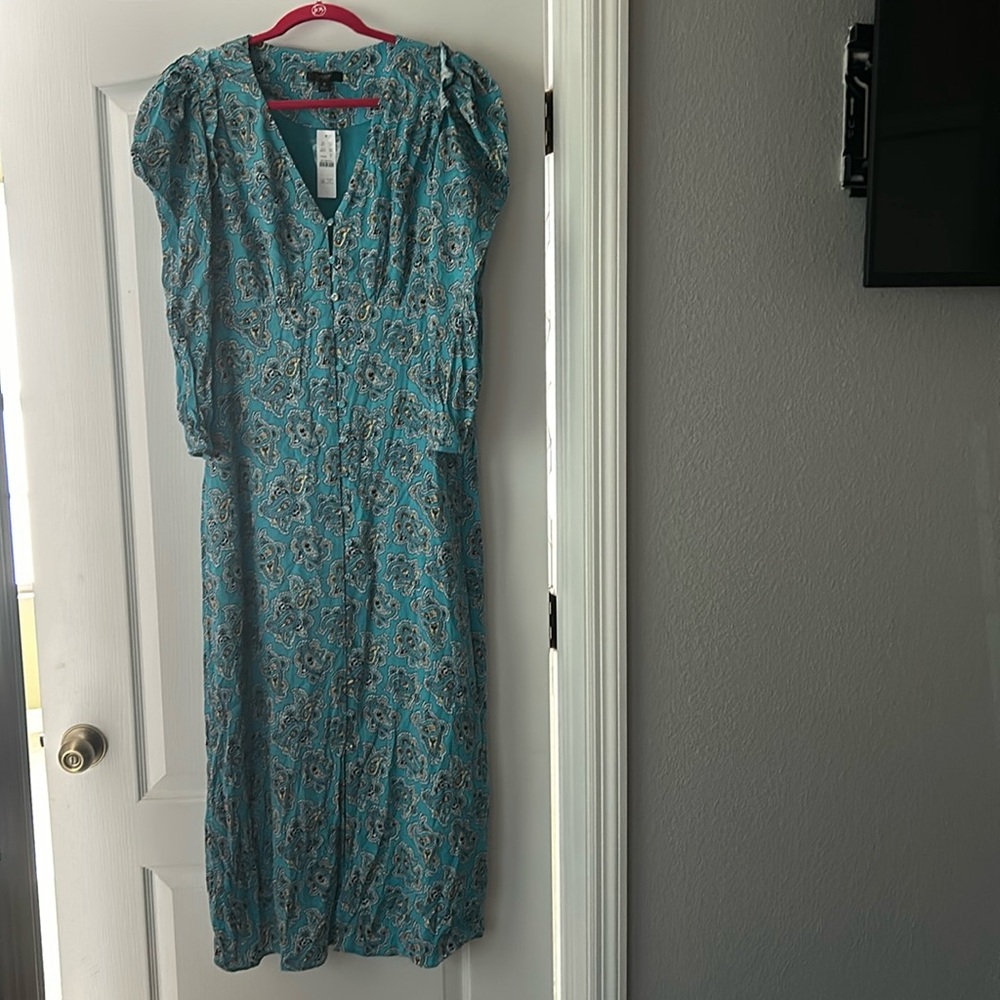 BNWT J. Crew Drapey Puff Sleeve Blue Paisley Maxi Dress Long Sleeves size 8